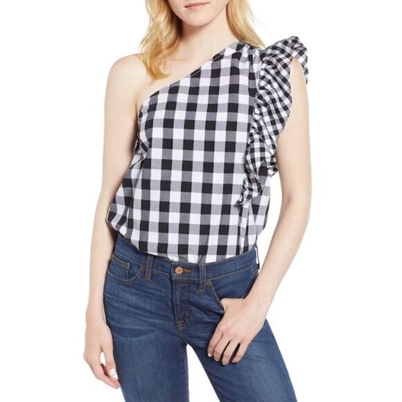J. Crew Tops - ✨HP✨J. Crew
Maybe One-Shoulder Mix Gingham Top✨